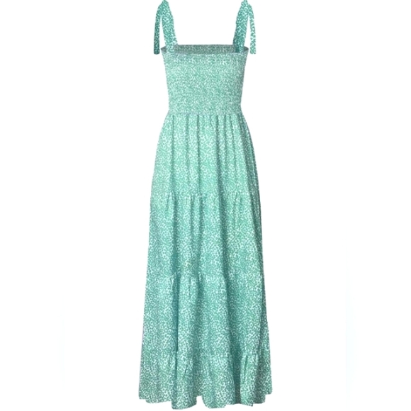 Green Print Summer Maxi Midi Tiered Dress Shoulder Ties Flowy Bohemian Vacation - Picture 4 of 9